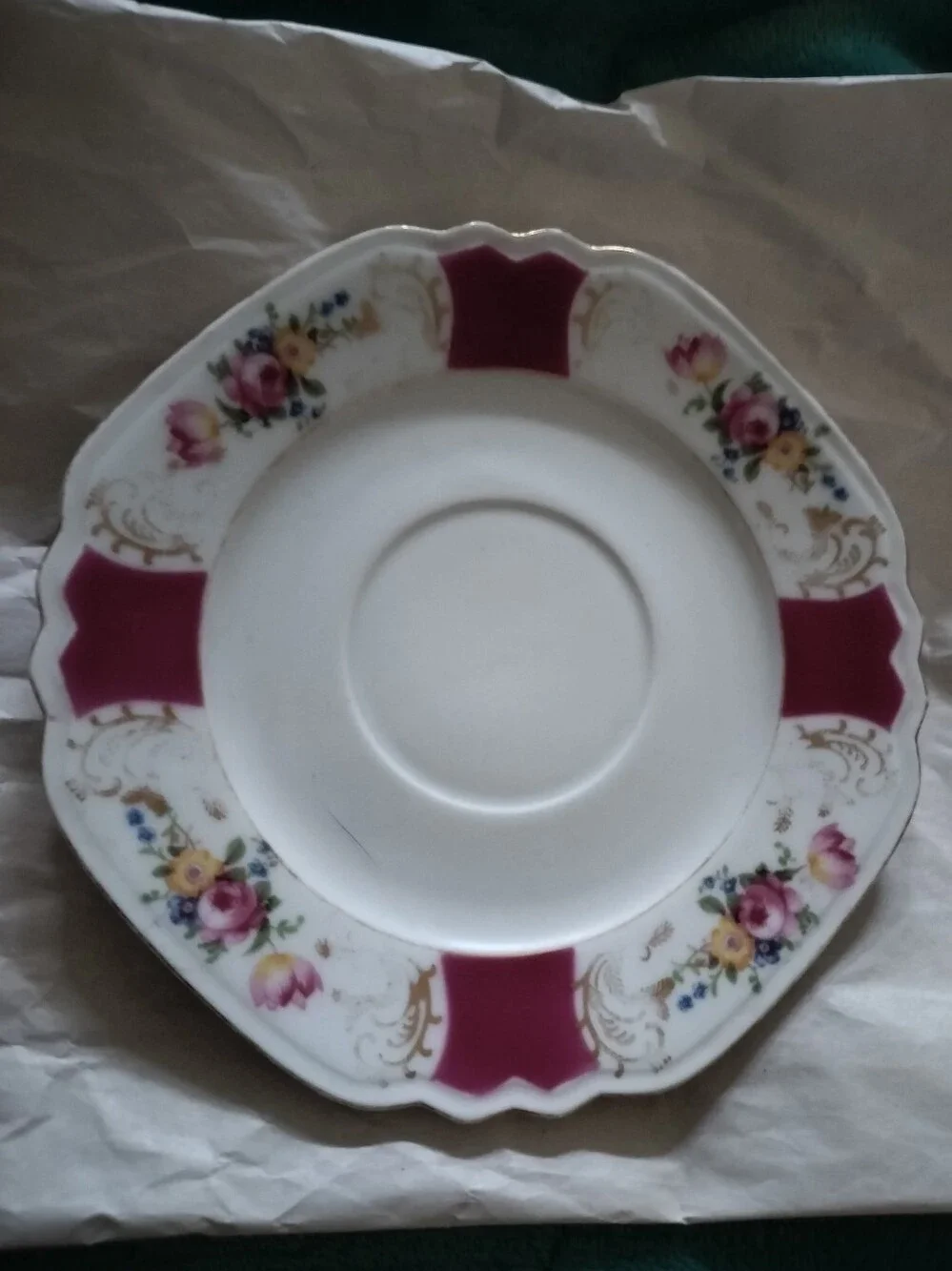 Vintage German Porcelain Saucer Maroon Gold Filigree Pink Floral Scalloped Edge